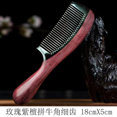 Wholesale green sandalwood horn horn drum handle comb dense tooth round head handle comb women's long hair comb lettering plus label gift comb