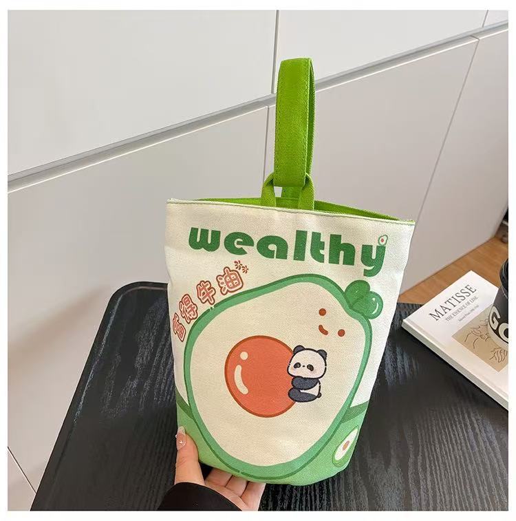 油画风手提包可爱印花单肩包户外便携手拎水桶包卡通学生帆布袋潮|undefined
