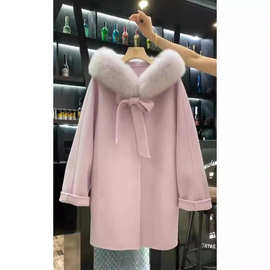 冬季女款2022新款韩系斗篷呢子大衣高级感中长款加厚粉色毛呢外套
