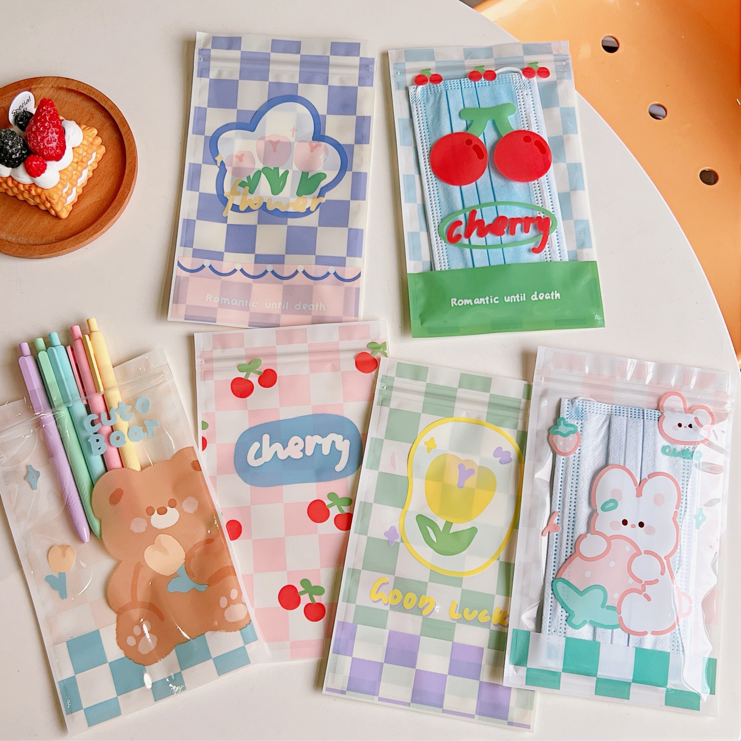Cartoon Cute Ornament Stationery mask Corrective Ziplock Checkerboard Tulip Print Buggy Bag display picture 6