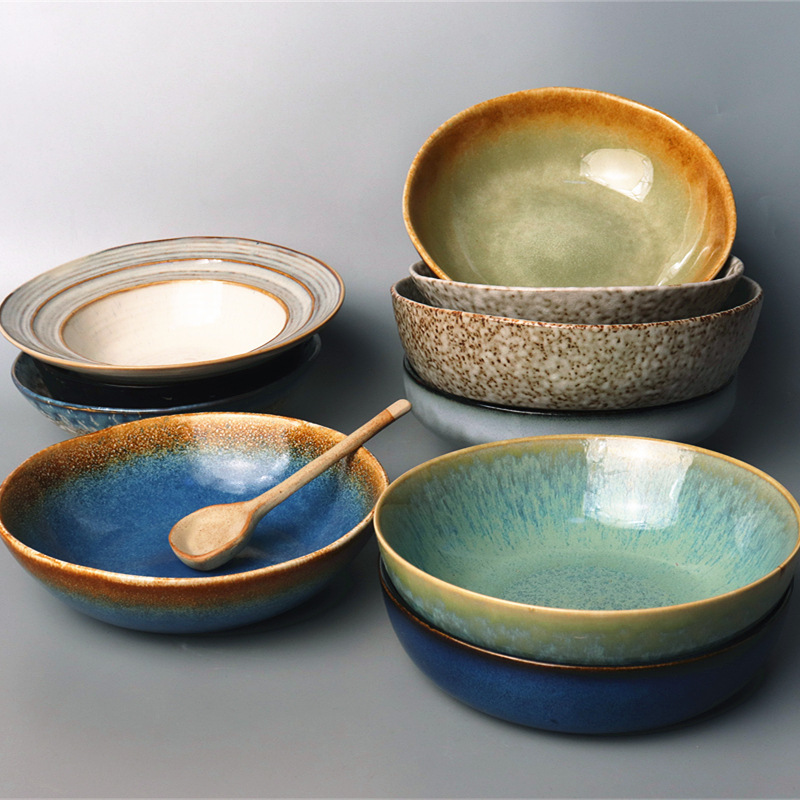 Big Bowl Personality and Affordable Bowl ~ Crude Pottery Special-Shaped Neat Bowl Art Retro Ceramic Large Vegetable Bowl Practical Flaw