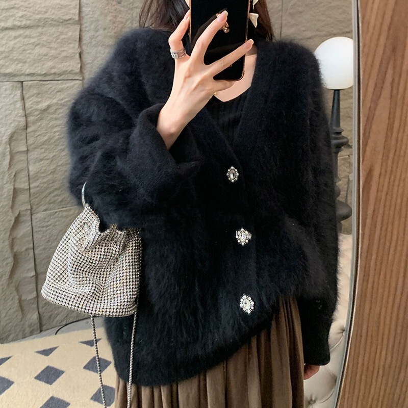 Autumn and Winter New Style Long-Haired Mink Velvet Collar Knitted Sweater Cardigan for Women, Thickened Lazy Style Thick Coat Autumn and Winter New Style Long-Haired Mink Velvet Collar Knitted Sweater Cardigan for Women, Thickened Lazy Style Thick Coat