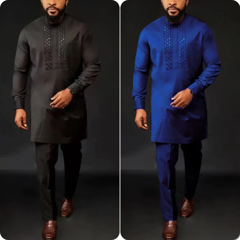 Hot-Selling Foreign Trade African Casual Versatile Style Men's Wedding Suit 2-Piece Set with Round Neck Long-Sleeve Top and Pants