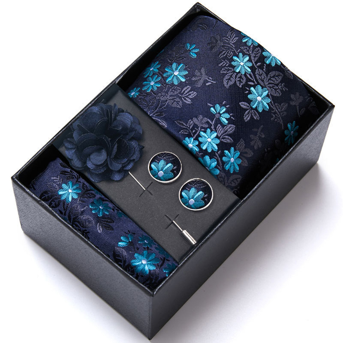 男性の新しい青いストライプのプリントネクタイのスカーフのカフスの胸の花のギフトボックスの包装の贈り物の佳品は祝日に適します。