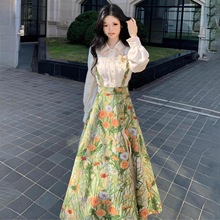 秋季新款油画氛围感法式复古高腰显瘦背带长裙衬衣套装