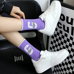 一體機制無骨縫合春夏紫色系街頭ins潮潮流字母運動款休閒中筒襪