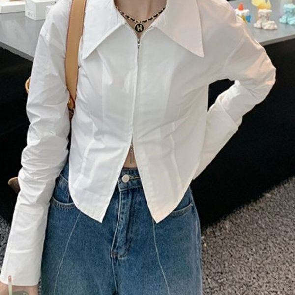 Short Shirt Women's Design Sense Niche French Style Chic Inner Double Zipper Top Pointed Collar Shirt Women's White