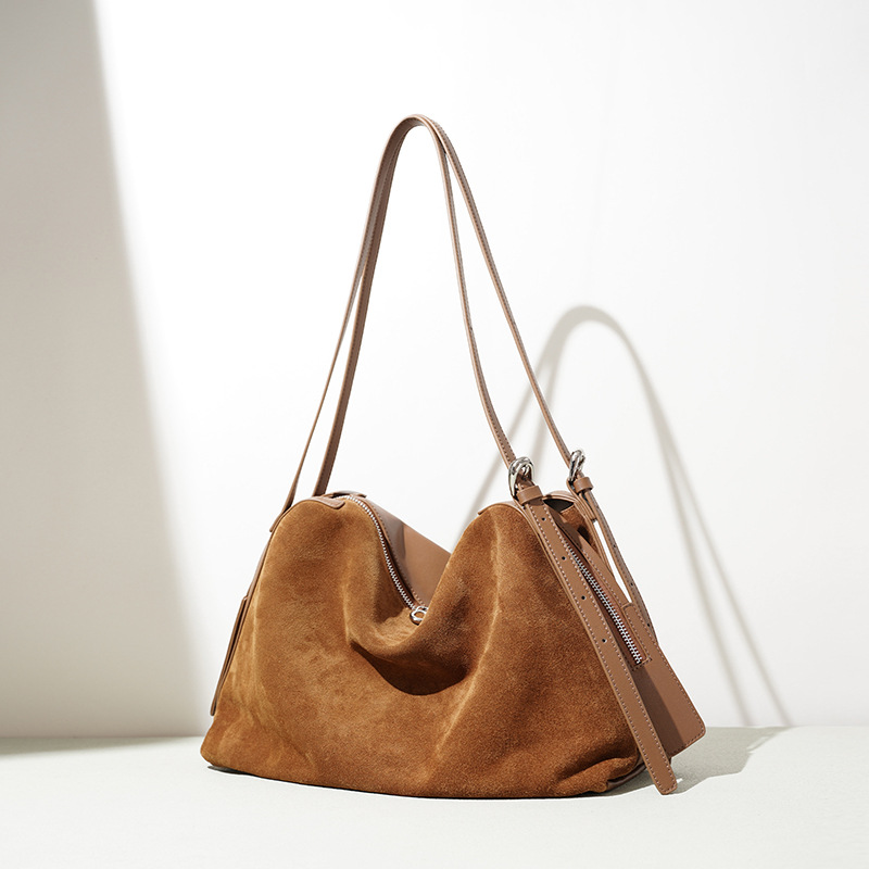 Matte Suede Boston Handbag For Women New Retro Large Capacity Tote Bag Fashion Versatile Genuine Leather Shoulder Bag - Thumbnail 2