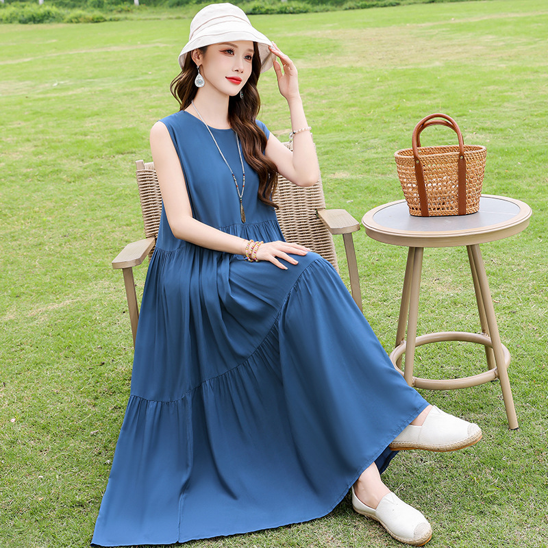 2025 New Summer Cotton Silk Dress Women's Outer Wear Loose Large Size Extra Long Artificial Cotton Floral Vest Nightgown