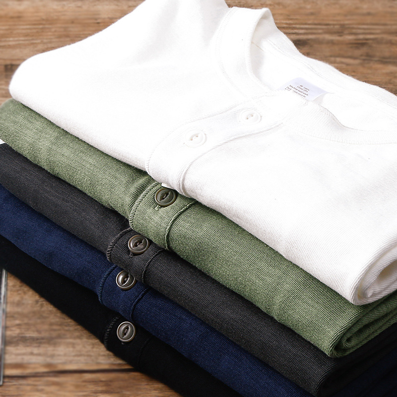 Ami Kaji Heavy Slub Cotton Men's Short-sleeved T-shirt Henry Collar American Style Retro Loose Soft Base Shirt for Summer