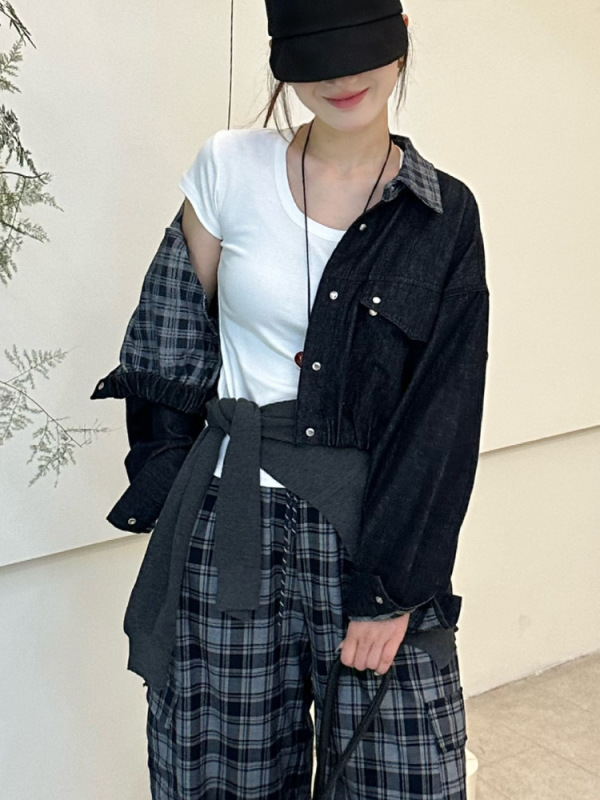 休闲牛仔短外套女2025秋新款气质翻领格子拼接单排扣夹克宽松上衣|undefined