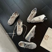 牛皮版~新款韩版做旧小脏鞋女2025新款亮片星休闲运动鞋内增高百