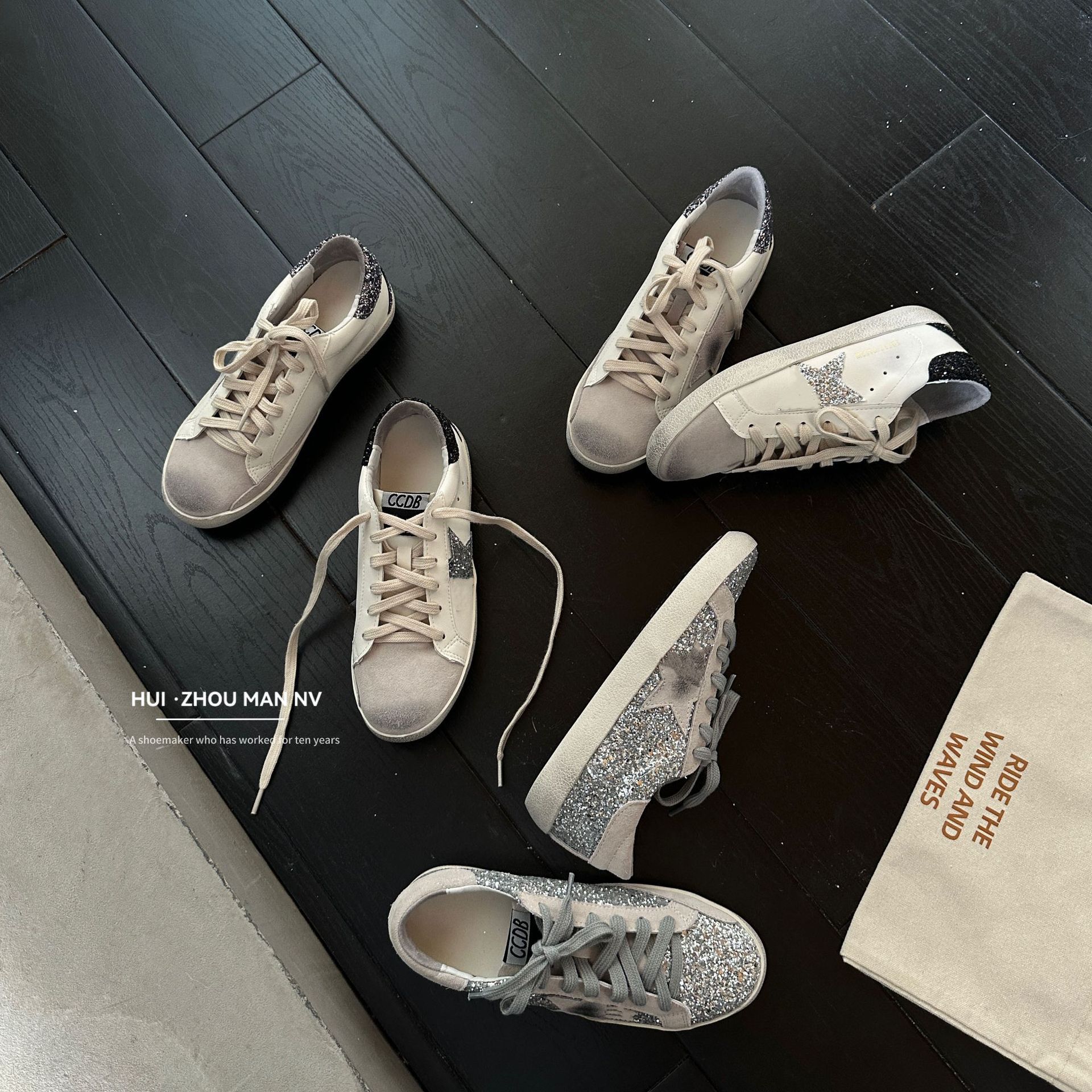 牛皮版~新款韩版做旧小脏鞋女2025新款亮片星休闲运动鞋内增高百