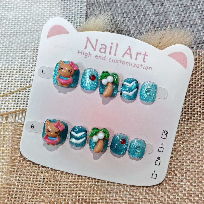 Black Leather Hello Kitty Children's Wearable Nails, Handmade, Anti-Bite Nails, Cute Cat-Eye Manicure for Students Aged 3-6-10 Years Old