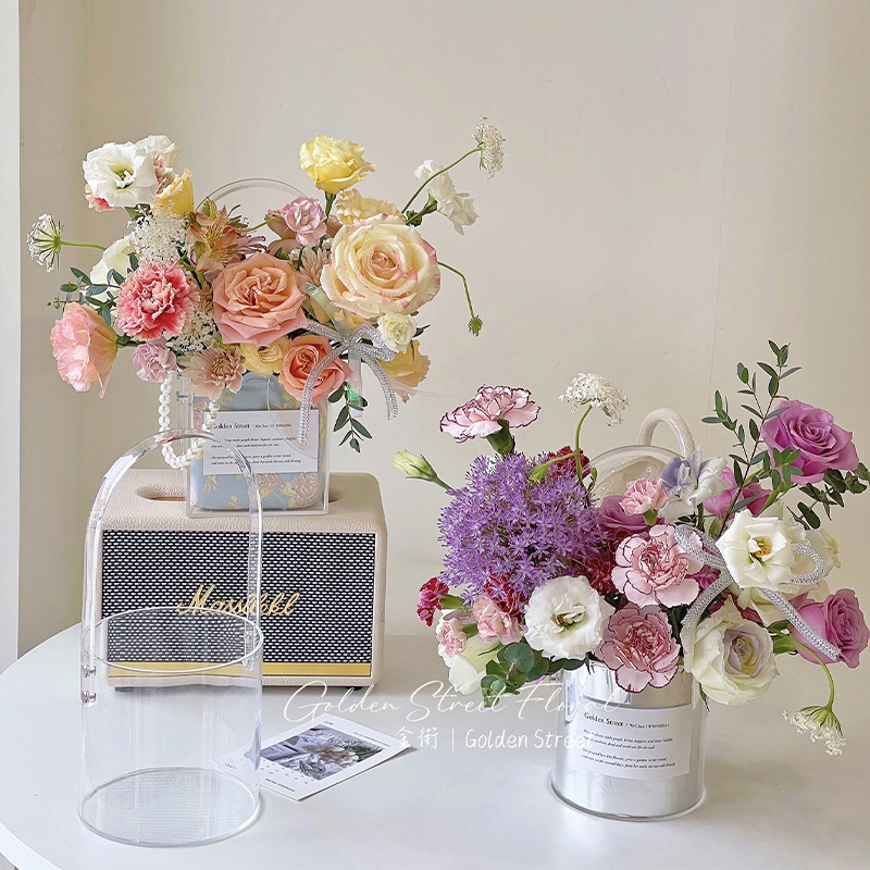 Caja de flores de acrílico transparente rectangular redondo canasta de flores acrílico caja de regalo floral caja de regalo de mano