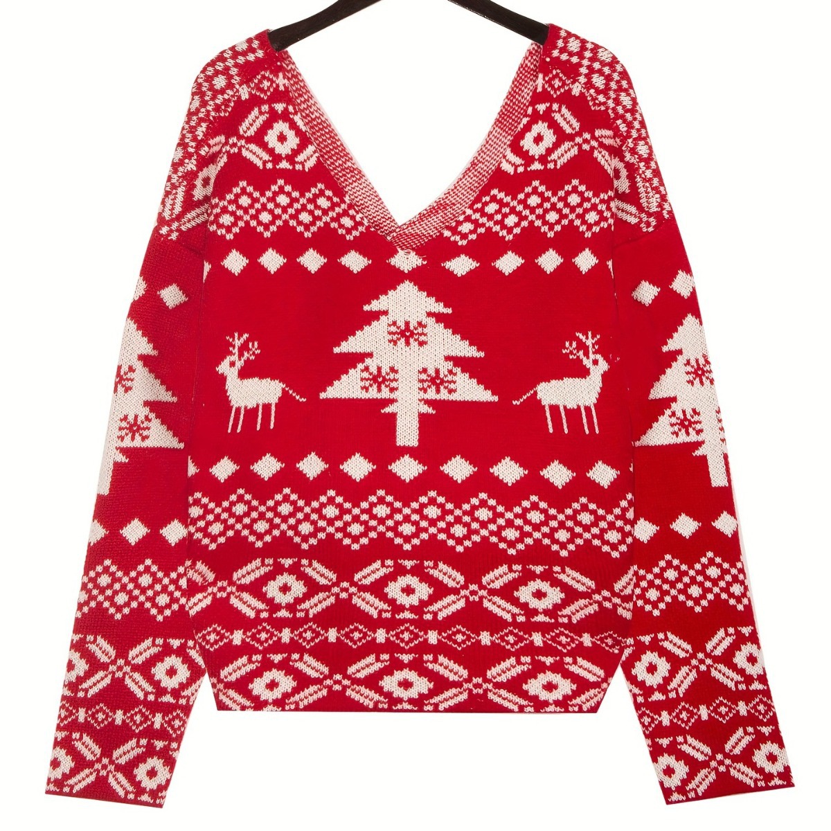 Women's Clothing V Neck Double Sided Irregular Cardigan Sweater Backless Off Shoulder Christmas Snowflake Pattern Long Sleeved Women's Wool Top_voghion.com