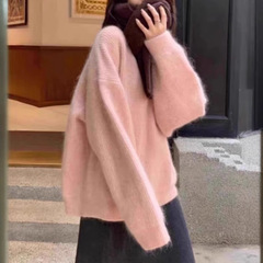 慵懒风马海毛粉色V领套头毛衣女2025秋冬加厚宽松软糯针织衫上衣