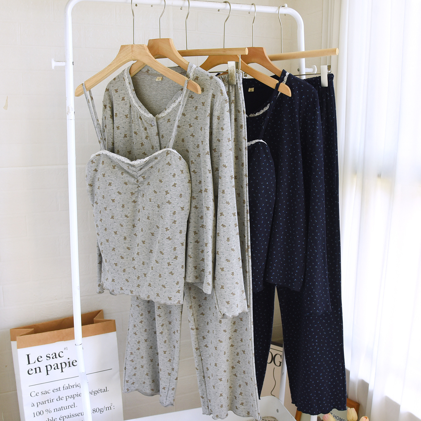 Princess Style Knitted Cotton-Free Padded Pajamas Spring and Autum Vest with Bra Long-Sleeved Pants Three-Piece Home Clothes