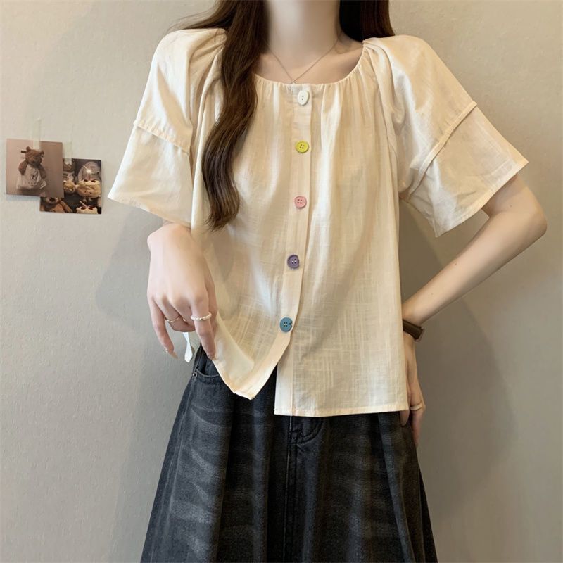 Summer Korean-Style Round-Neck Puff-Sleeve Candy-Button T-Shirt with a Sweet Design, Loose Fit, Tummy-Concealing, Slimming Short-Sleeve Top Summer Korean-Style Round-Neck Puff-Sleeve Candy-Button T-Shirt with a Sweet Design, Loose Fit, Tummy-Concealing, Slimming Short-Sleeve Top