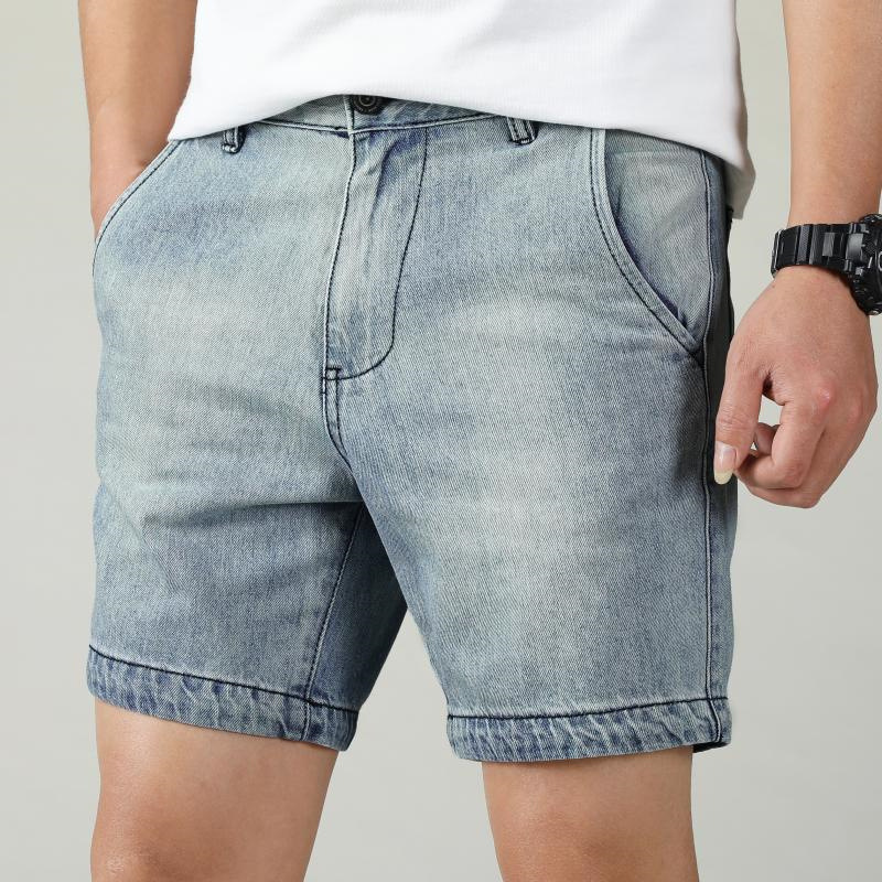 Summer Slim-fit Denim Shorts Men's American Style Sand Wash Vintage Casual Straight Triple Pants Light Color All-match Outer Wear Mid-length Pants