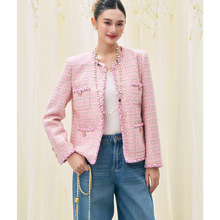 【盛都】清仓春法式名媛风粉色重磅羊毛粗花呢小香短款上衣外套