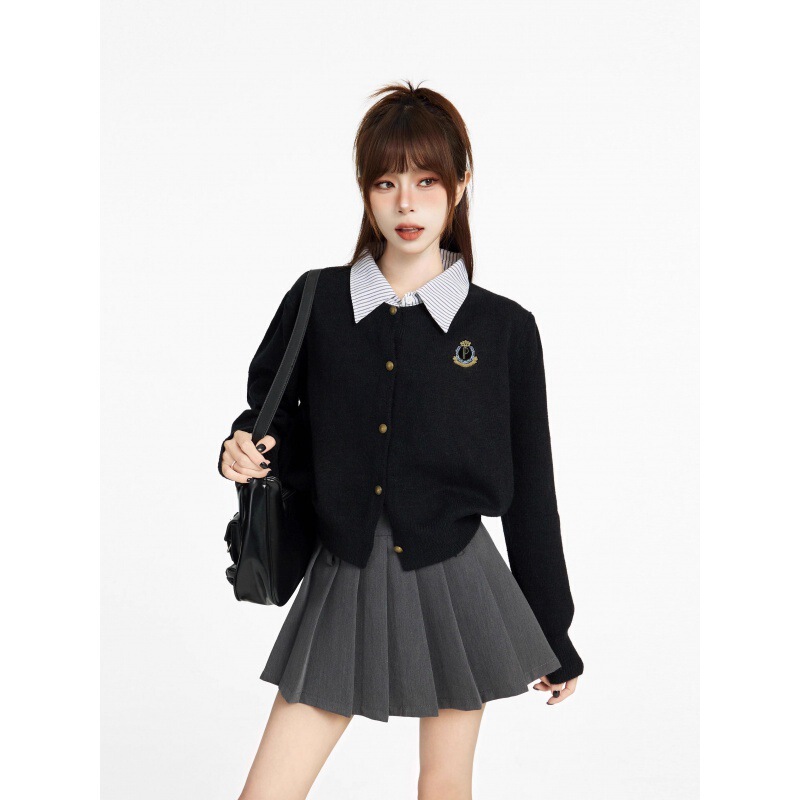 Fake Two Pieces College Style Polo Collar Cardigan Sweater Women's Autumn and Winter Design Sense Niche Outfit Knitwear Cardigan