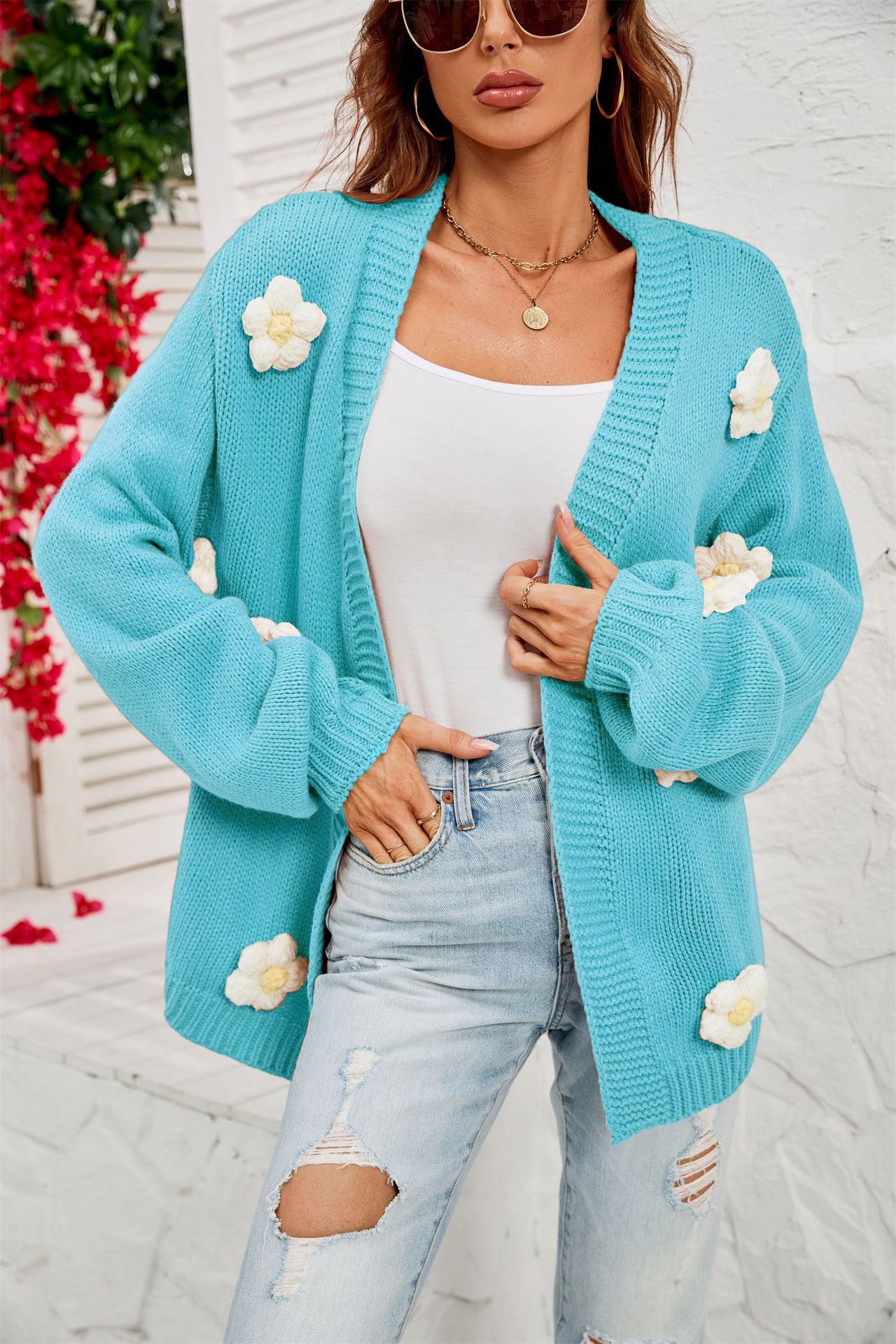2023 primavera nuevo estilo europeo y americano de talla grande ropa de mujer rebeca de flores transfronterizas de Amazon suéter de manga de linterna chaqueta mujer image 9