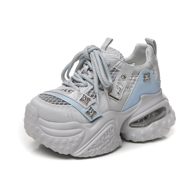 Giày sneaker nữ đế dày tăng chiều cao lưới thoáng khí phong cách thể thao — xám xanh