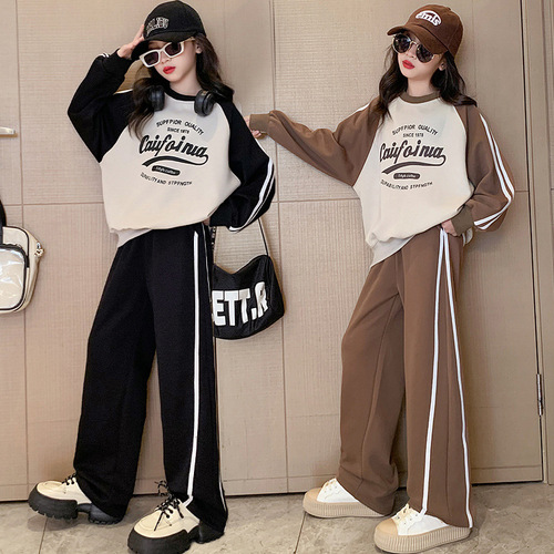 Girls Sports Suit Spring 2024 New Children's Casual Spring Clothing Korean Version Medium and Large Children's Alphabet Sweatshirt Two-piece Set