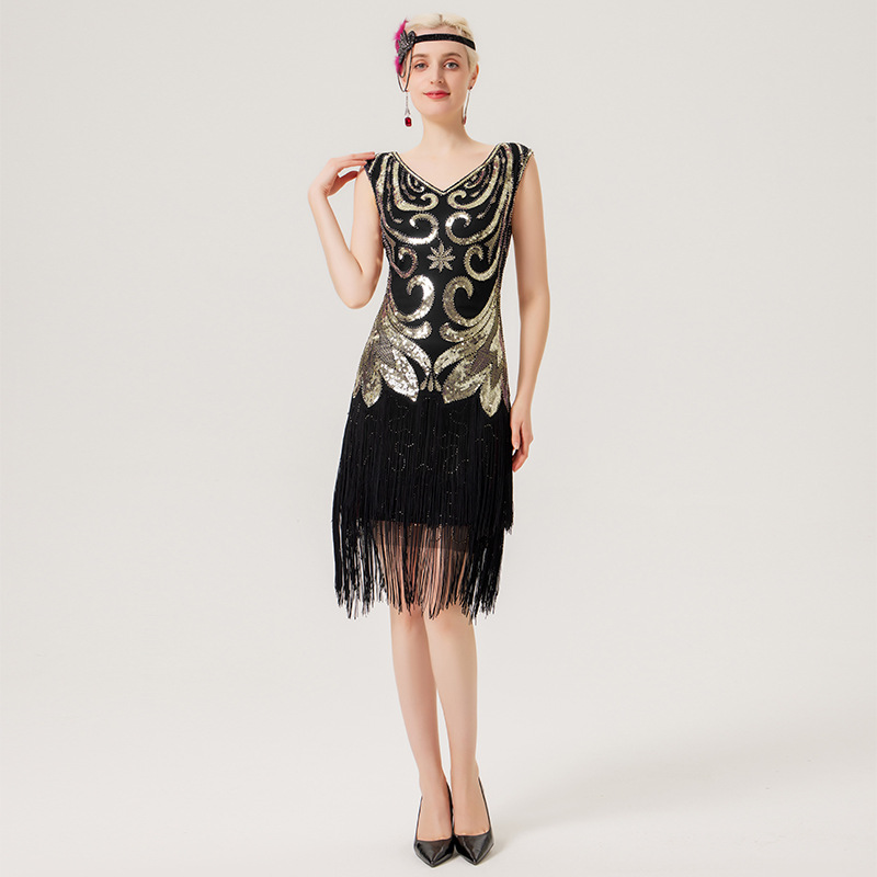 Cross-Border 1920S Retro Sequin Dress Women's V Neck Tassel Hem Large Size Short Skirt Banquet Dress Aliexpress