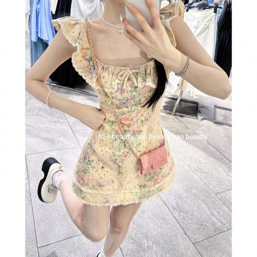 Summer new style ruffled jacquard embroidery flying sleeve short skirt to show slimming floral square collar dress