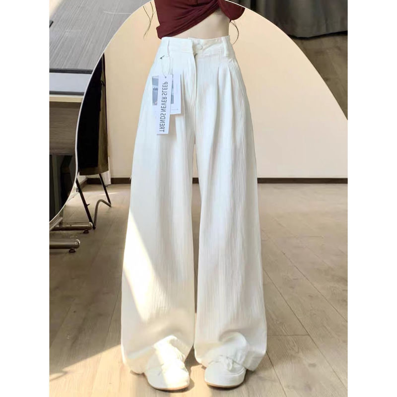 高个子褶皱白色阔腿牛仔裤女春秋新款高腰宽松垂感显瘦直筒拖地裤|undefined