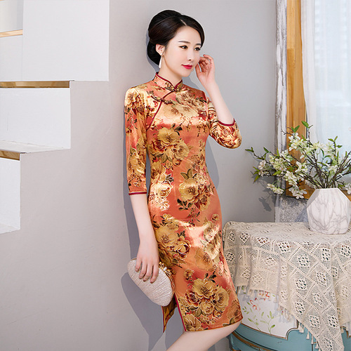 Velvet cheongsam Chinese Dresses Retro Qipao for Women mother cheongsam elastic sleeve qipao dress