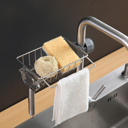 Kitchen faucet storage rack stainless steel sink storage rack household sponge rag dishcloth drain rack hanging basket