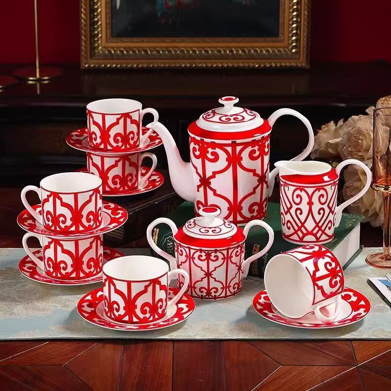 Cross-Border Bone China Tableware Set Household Plates, Dishes and Spoons Set Combination Chinese Red Series New Year Housewarming Gift