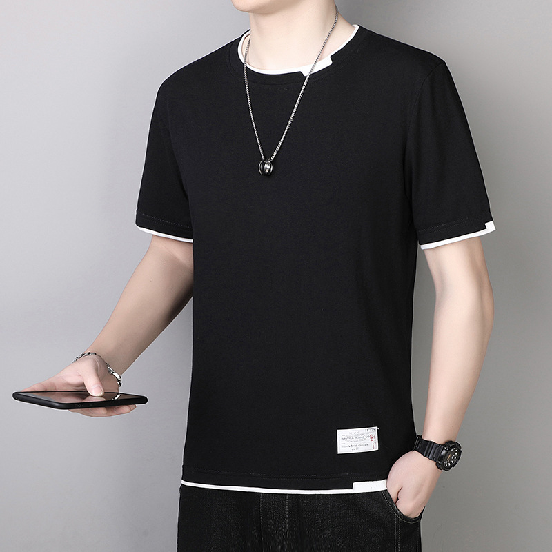 2024 Summer New Fashionable Solid Color Men's T-shirt Korean Casual Round Neck Cotton Short-sleeved Pullover Men's T-shirt Black