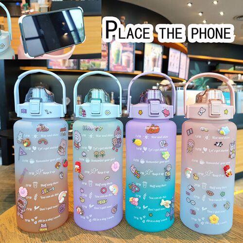 Large-capacity water bottle gradient color with straw sports frosted water cup portable handle adult drama cup free stickers