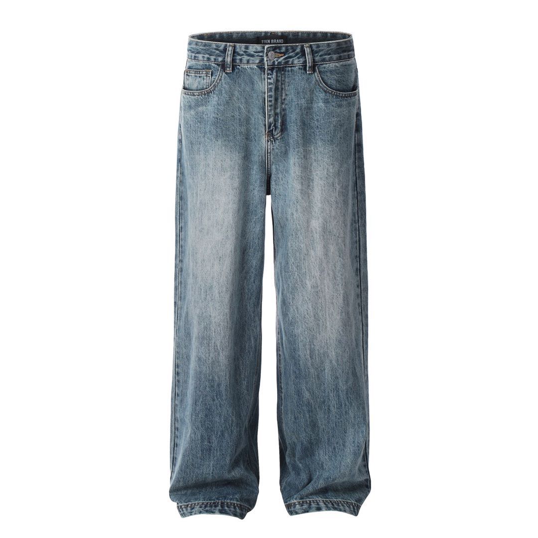 11KN Vaqueros de pierna recta azules retro americanos para hombres y mujeres, pantalones de pierna ancha informales, holgados, versátiles, modernos, sencillos y limpios