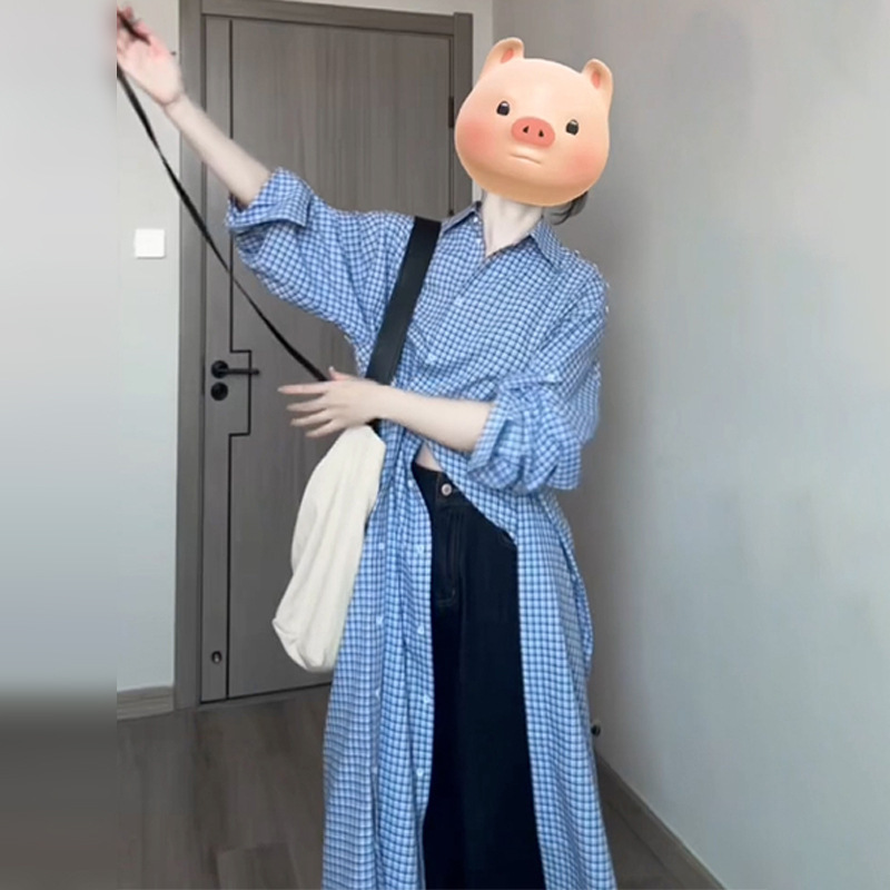 法式蓝色格子衬衫连衣裙子女春季2025新款设计感宽松休闲气质长裙|undefined