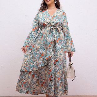In stock 2024 New temperament color matching plus size women's clothing dress new in stock Amazon temperament plus size