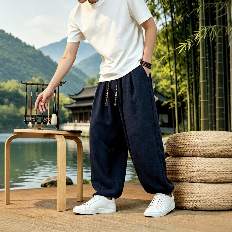 Summer Men's Lantern Pants with Elastic Cuffs, Nine-Point Casual Pants, Loose Cotton and Linen Thin Style, Trendy Chinese Style, Solid Color, Plus Size Summer Men's Lantern Pants with Elastic Cuffs, Nine-Point Casual Pants, Loose Cotton and Linen Thin Style, Trendy Chinese Style, Solid Color, Plus Size