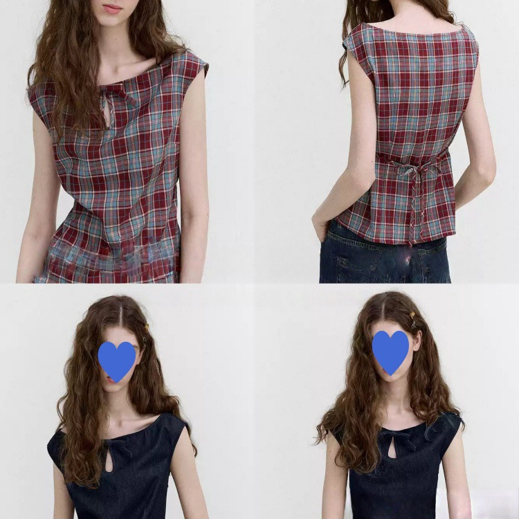 Letm Vintage Retro One-Line Collar Bow Tie Waist-Slimming 100% Cotton Denim Top T-Shirt for Women Letm Vintage Retro One-Line Collar Bow Tie Waist-Slimming 100% Cotton Denim Top T-Shirt for Women