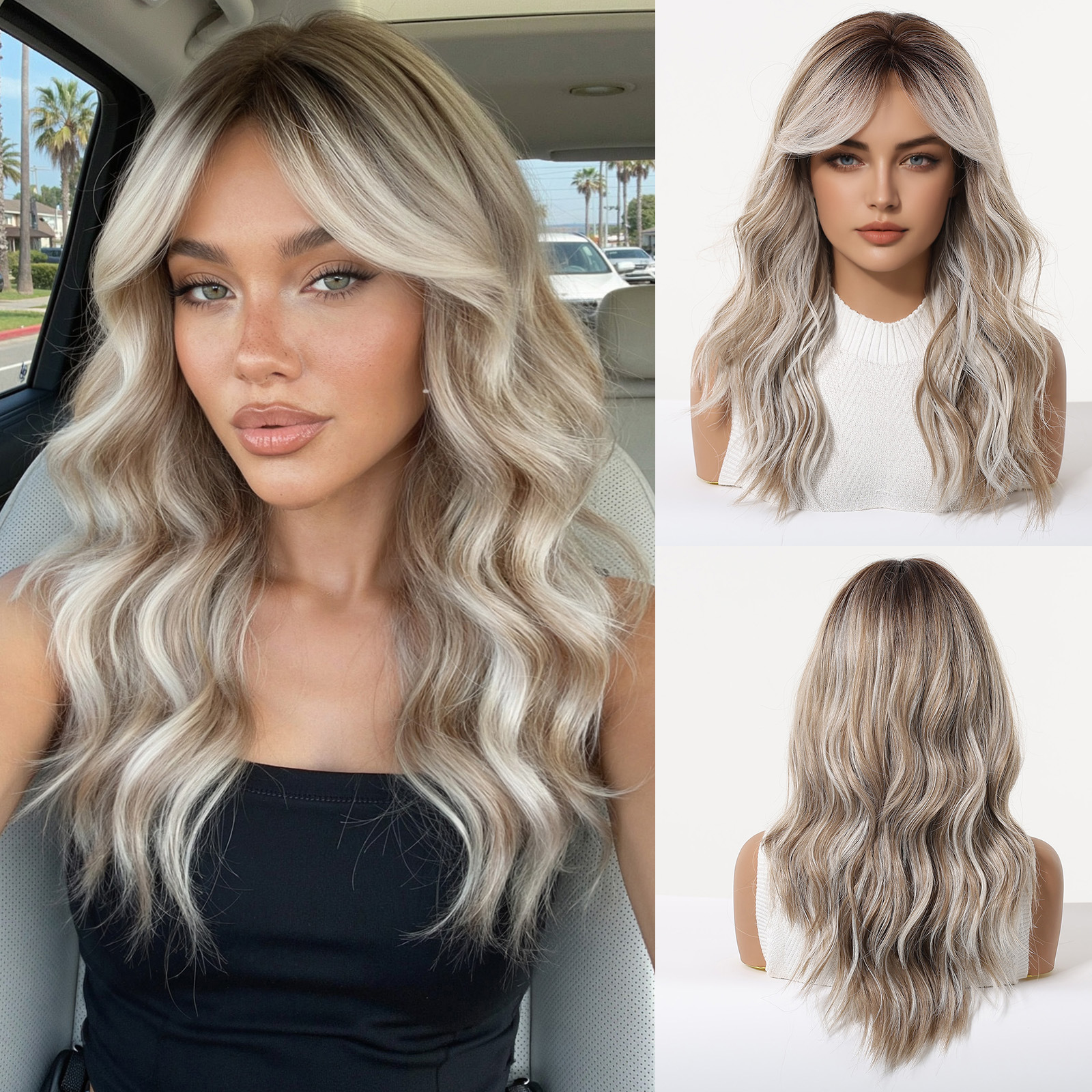 Peluca de Cabello Largo y Rizado con Degradado Blanco Dorado, Estilo Europeo y Americano, Natural y Moderna, con Ondas Grandes, para Mujer
