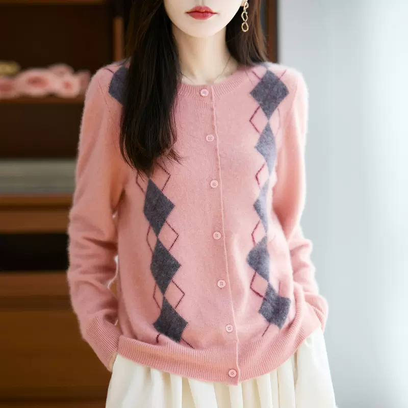 25秋冬新款菱形格提花圆领羊毛衫女百搭撞色针织开衫外套毛衣上衣