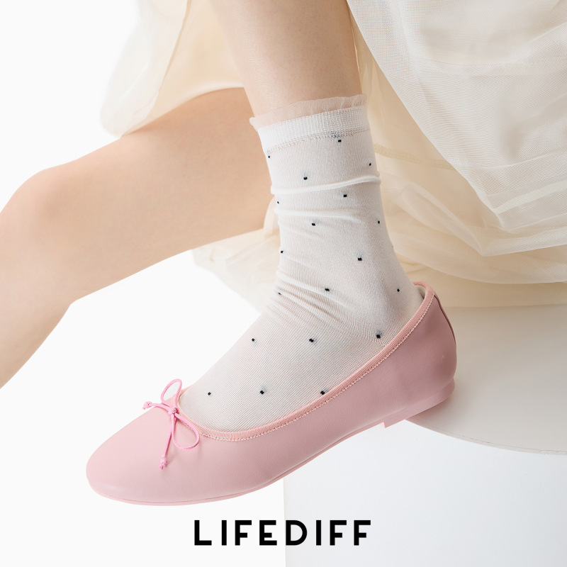 Lace Trim Seamless Spring and Summer Slouch Socks, Gray Long Socks, Mid-Calf, Small Polka Dots, Thin and Breathable for Summer 26202