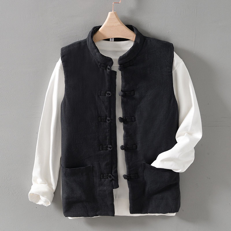 L119 Chinese Style Fold-Out Sleeveless Cotton Linen Vest for Men, Stand Collar Ramie, Trendy Warm Loose Linen Jacket