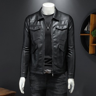 European Station Fall/Winter 2025 New Men's Lapel Motorcycle Leather Jacket Slim Fit Trendy Men's 7210-Long-Term Stock
