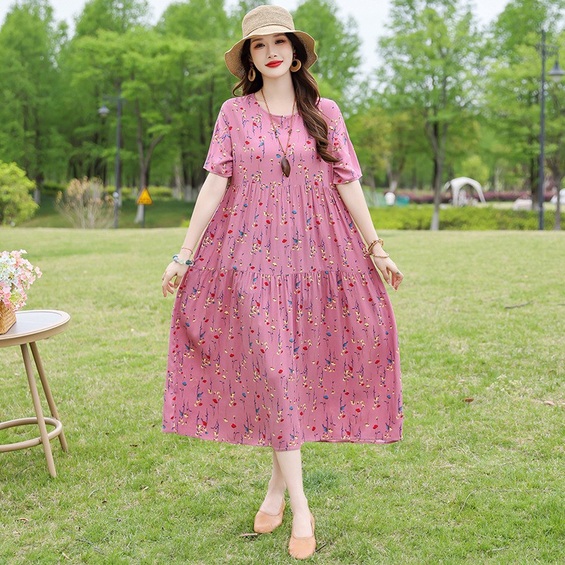 2026년 초여름 신상 고급 면 실크 원피스, 여름용 큰 사이즈 삼아 스타일 엄마 비치 원피스, 날씬해 보이는 효과