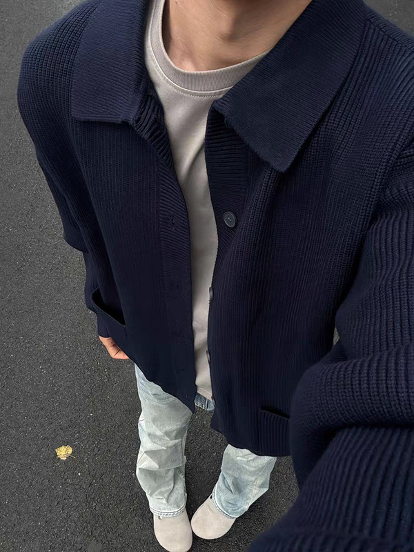 藏青色针织开衫男单排纽扣翻领卫衣外套美式cleanfit羊毛夹克衫潮|undefined