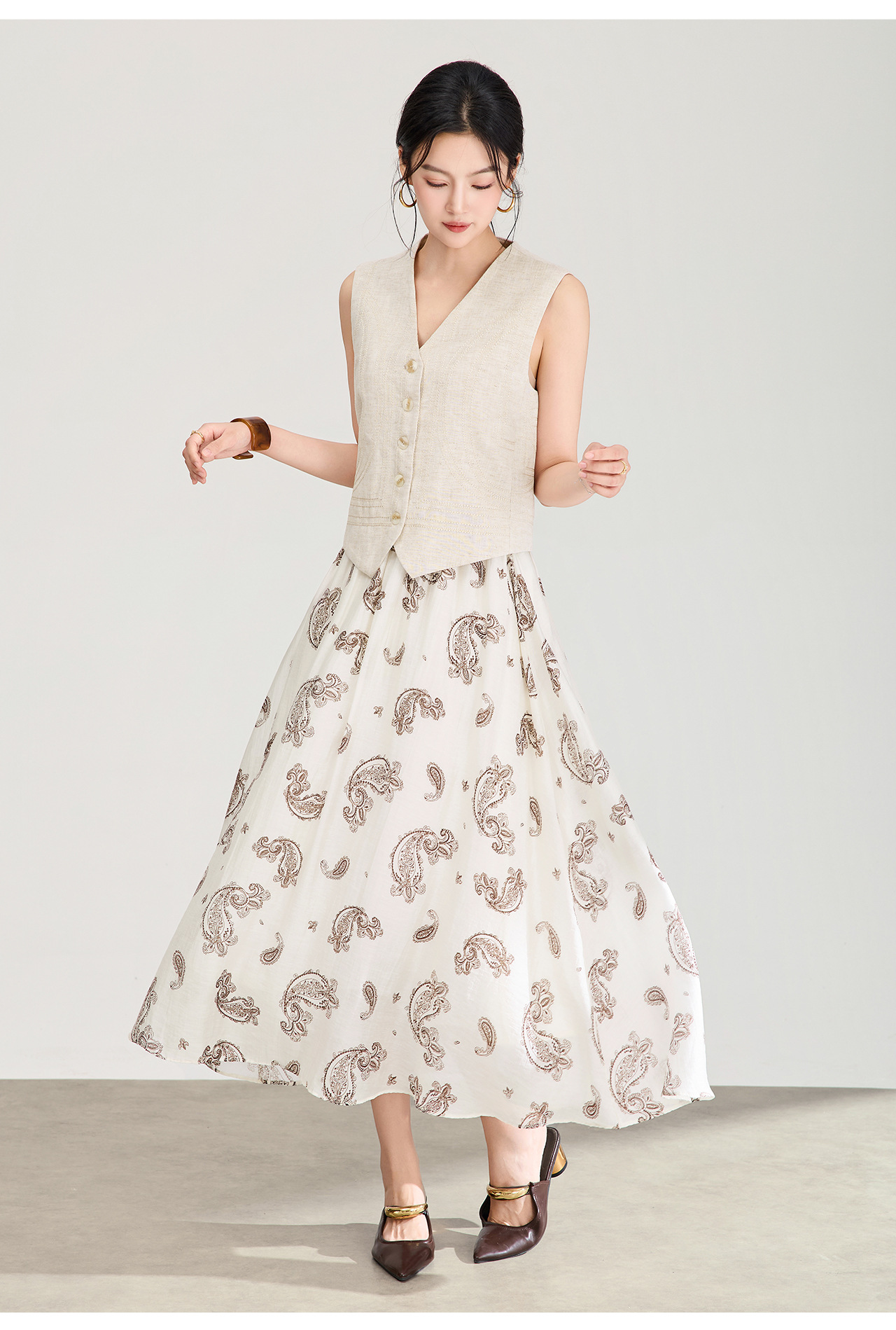 Áo khoác gile không tay cổ chữ V phối lớp phong cách cổ điển chất liệu vải lanh pha sợi Tencel — Màu cà phê chi tiết 14